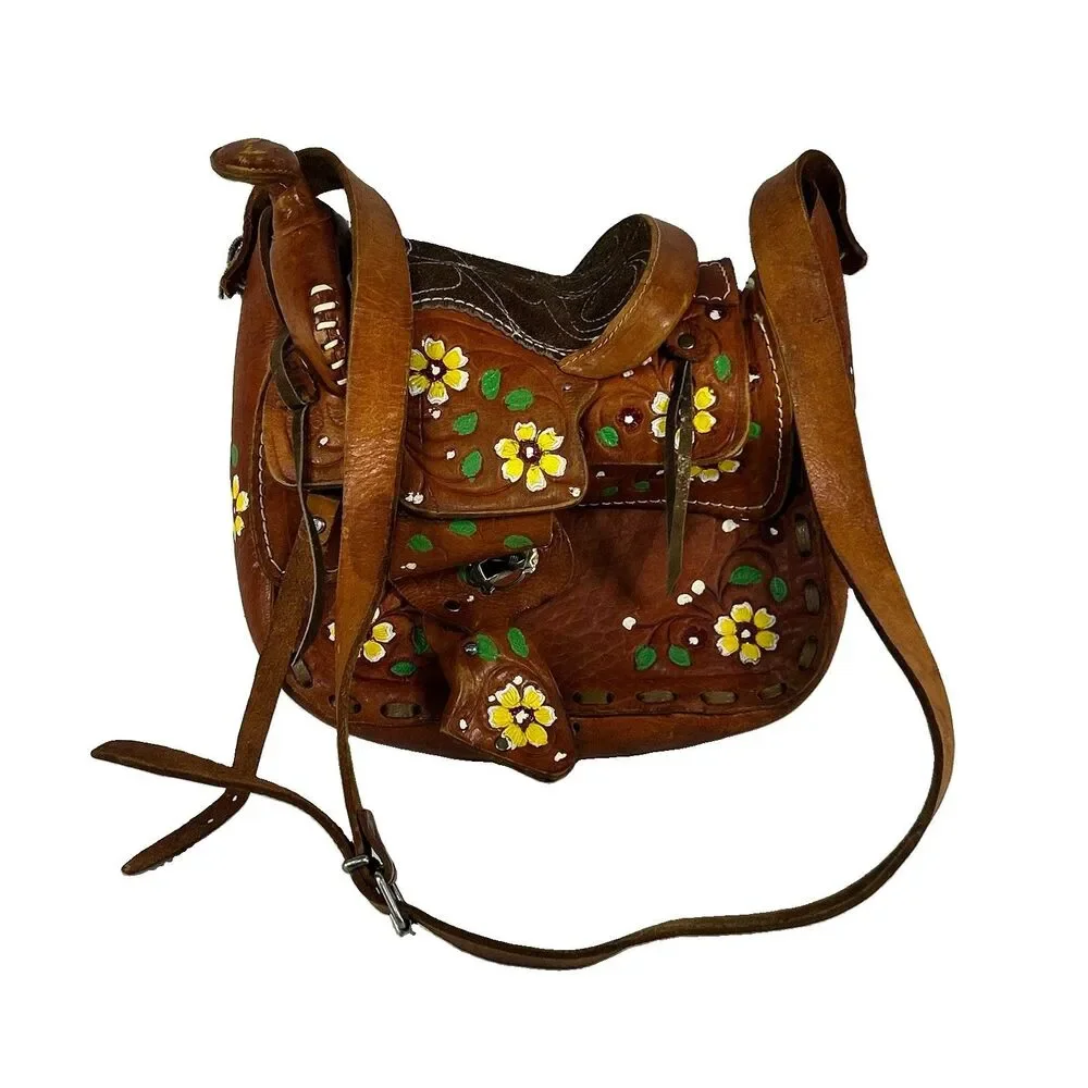 Hand Tooled Leather Saddle Purse Hand Painted Floral Western Shoulder Bag